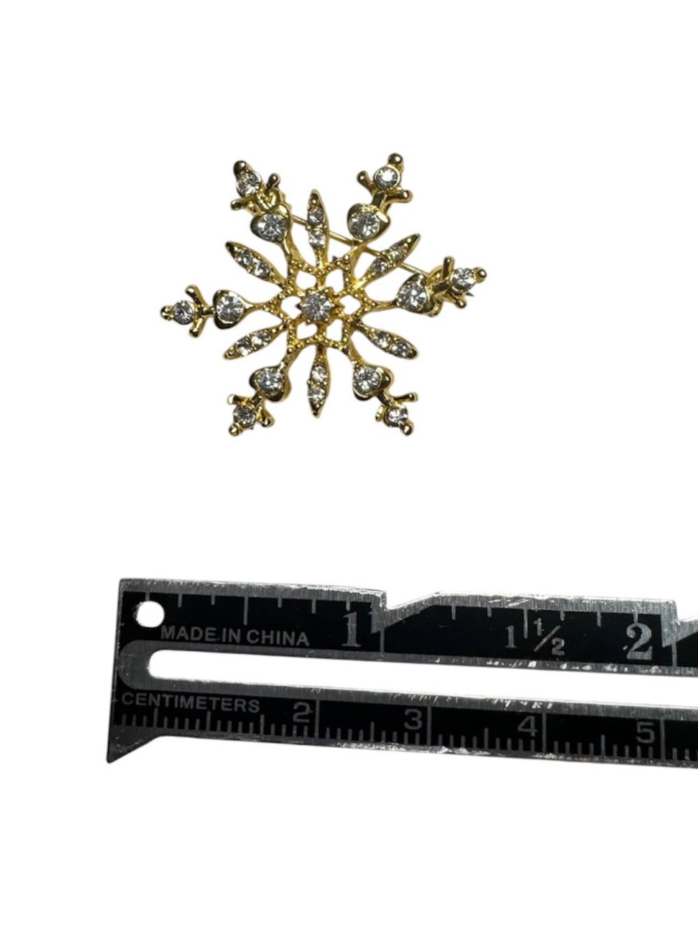 Gold Tone Rhinestone Snowflake Brooch Pin Holiday Winter Jewelry